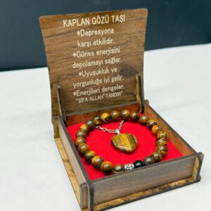Özel Ahşap Kutulu Kaplan Gözü Taşı Bileklik Kolye Seti