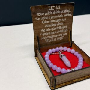 Özel Ahşap Kutulu Kunzit Taşı Bileklik Kolye Seti