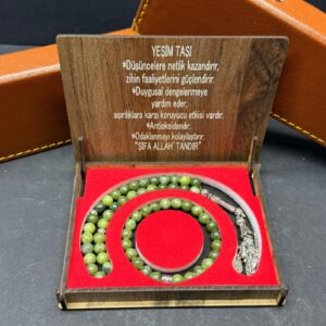Özel Ahşap Kutulu Yeşim Taşı Tesbih-Bileklik Set - Küre Kesim