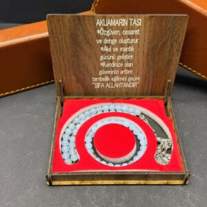 Özel Ahşap Kutulu Akuamarin Taşı Tesbih-Bileklik Set - Küre Kesim