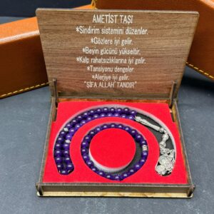 Özel Ahşap Kutulu Ametist Taşı Tesbih-Bileklik Set - Küre Kesim