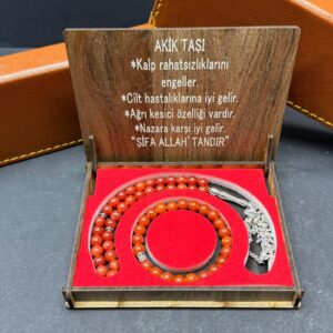 Özel Ahşap Kutulu Akik Taşı Tesbih-Bileklik Set - Küre Kesim