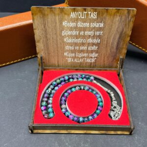 Özel Ahşap Kutulu Anyolit Taşı Tesbih-Bileklik Set - Küre Kesim