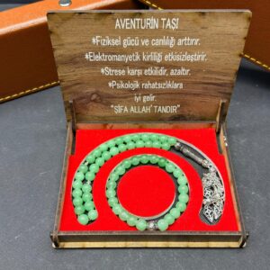 Özel Ahşap Kutulu Aventurin Taşı Tesbih-Bileklik Set - Küre Kesim