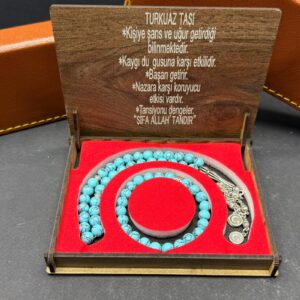 Özel Ahşap Kutulu Turkuaz Taşı Tesbih-Bileklik Set - Küre Kesim