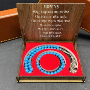 Özel Ahşap Kutulu Firuze Taşı Tesbih-Bileklik Set - Küre Kesim