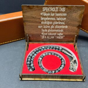 Özel Ahşap Kutulu Spektrolit Taşı Tesbih-Bileklik Set - Küre Kesim