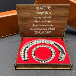 Özel Ahşap Kutulu Gri Jasper Taşı Tesbih-Bileklik Set - Küre Kesim