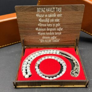 Özel Ahşap Kutulu Beyaz Havlit Taşı Tesbih-Bileklik Set - Küre Kesim